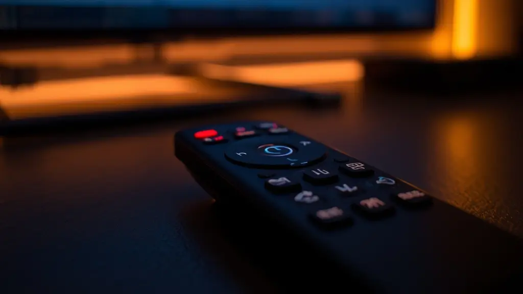 Several streaming sticks and TV boxes lined up beside a remote control